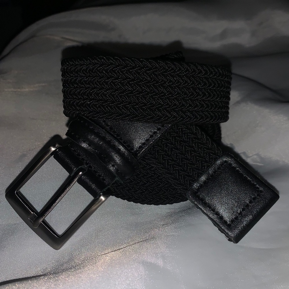 Mens Black Braided Elastic Stretch Belt Leather Trim Silver Buckle Size 40 14‎